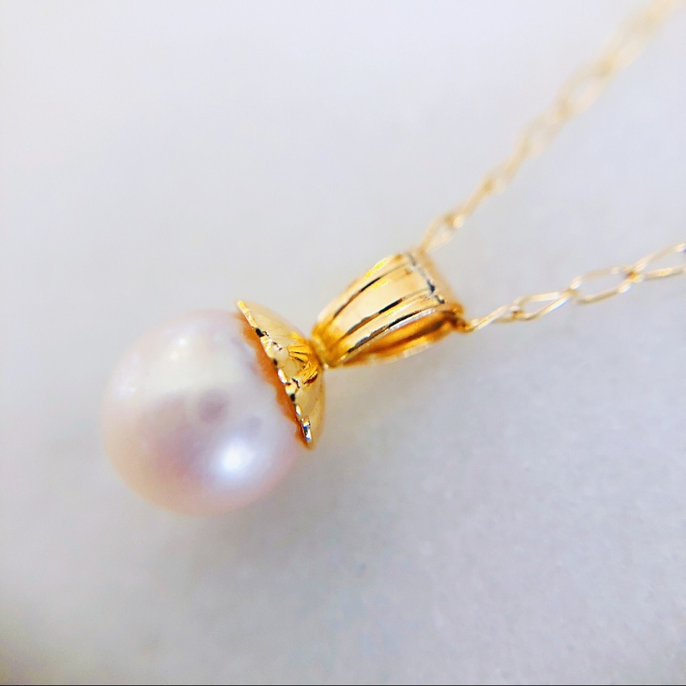 14K Gold Dangle Pink 5mm Pearl Necklace